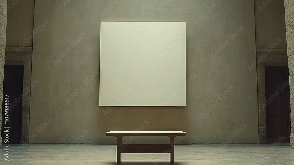 Minimalist Art Space Featuring Blank Canvas on Wall and Simple Wooden Bench in Contemporary Museum Environment Minimalist Art Space Featuring Blank Canvas on Wall and Simple Wooden Bench in Contemporary Museum Environment