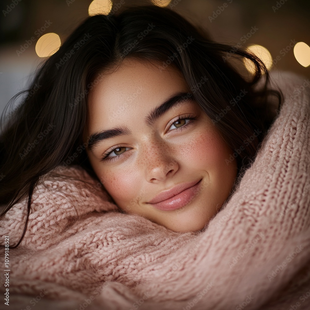 Young woman wrapped in cozy scarf, smiling softly in warm setting Young woman wrapped in cozy scarf, smiling softly in warm setting