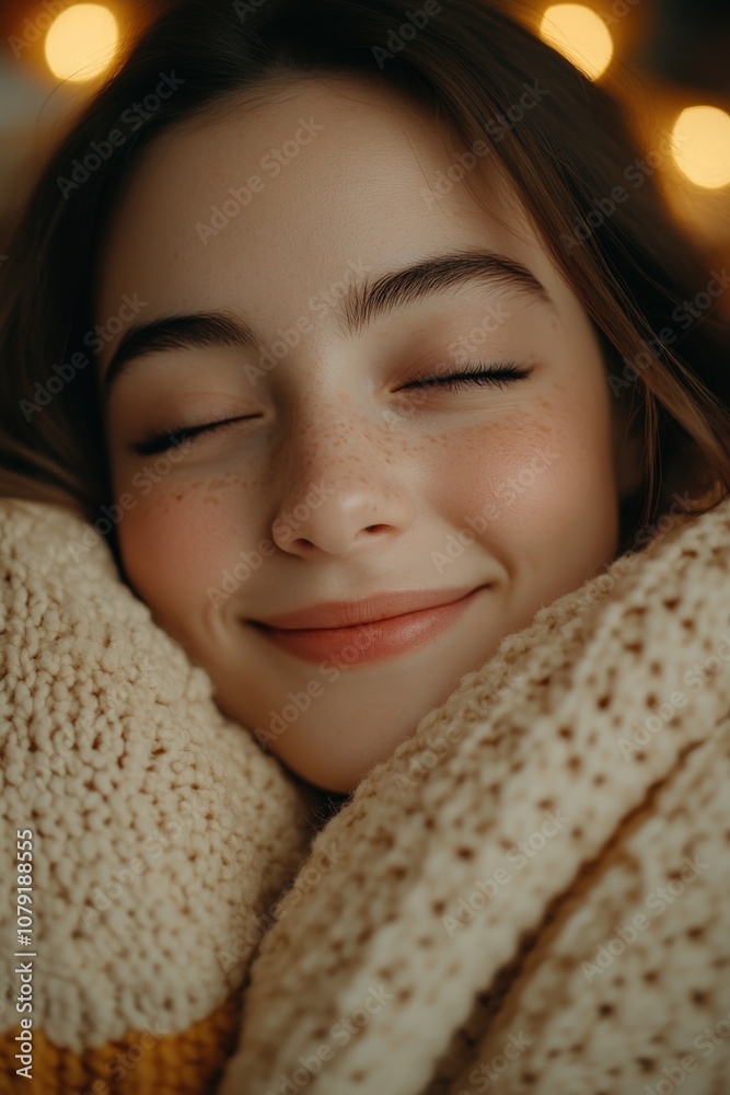 Young girl smiles warmly while wrapped in a cozy blanket at home Young girl smiles warmly while wrapped in a cozy blanket at home