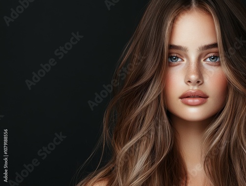 Young woman with long hair poses against a dark background in soft light