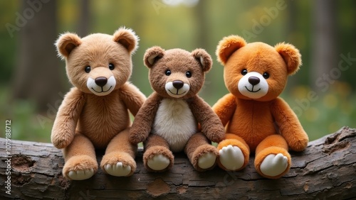 Three cute teddy bears, each in different shades, are perched on a fallen log surrounded by lush green trees. The sun casts a warm glow, enhancing the scene\'s charm