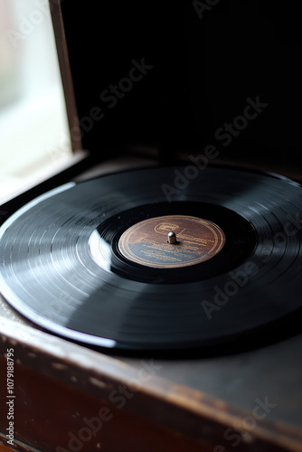 Close-up of a vinyl music round record in a retro vintage turntable