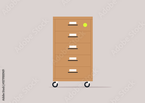 Organized office supplies in a mobile metal drawer unit located in a modern workspace, showcasing a minimalist design and efficient storage solutions ideal for enhancing productivity