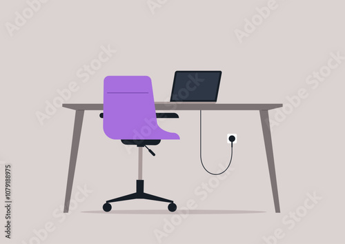 An inviting workspace featuring a sleek desk, a vibrant purple chair, and a modern laptop ready for creative pursuits in a cozy, minimalistic office environment