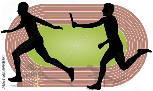 relay race, silhouette of two male runners passing the baton with a racecourse track in the background