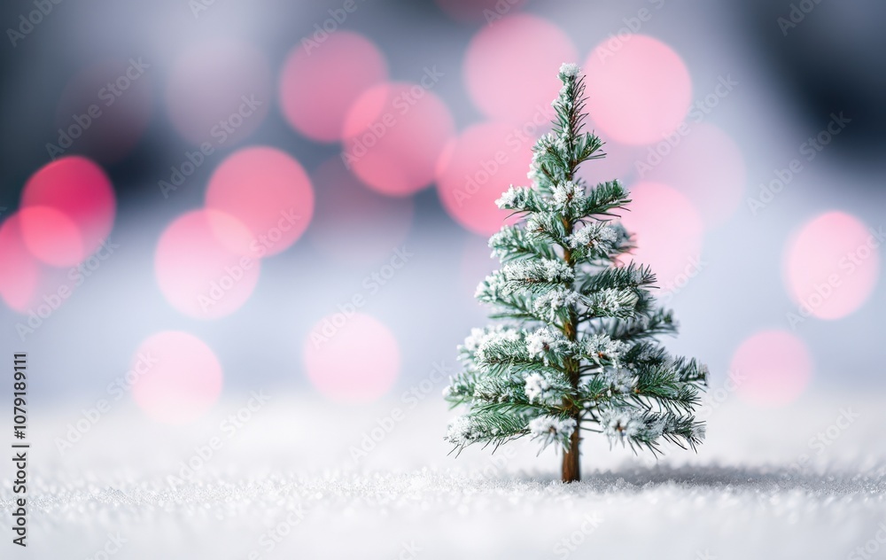 Winter Scene with Snowy Miniature Christmas Tree and Bokeh Lights Winter Scene with Snowy Miniature Christmas Tree and Bokeh Lights