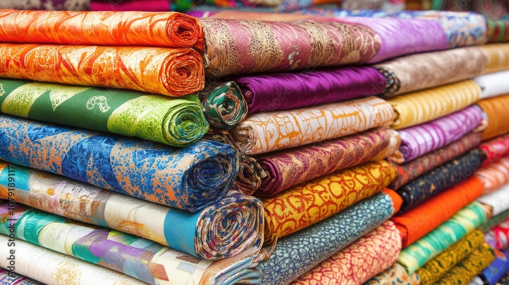 Colorful and Vibrant Textile Rolls Stacked Neatly in a Market, Showcasing Intricate Patterns and Rich Colors for Fashion or Crafting Inspiration Colorful and Vibrant Textile Rolls Stacked Neatly in a Market, Showcasing Intricate Patterns and Rich Colors for Fashion or Crafting Inspiration