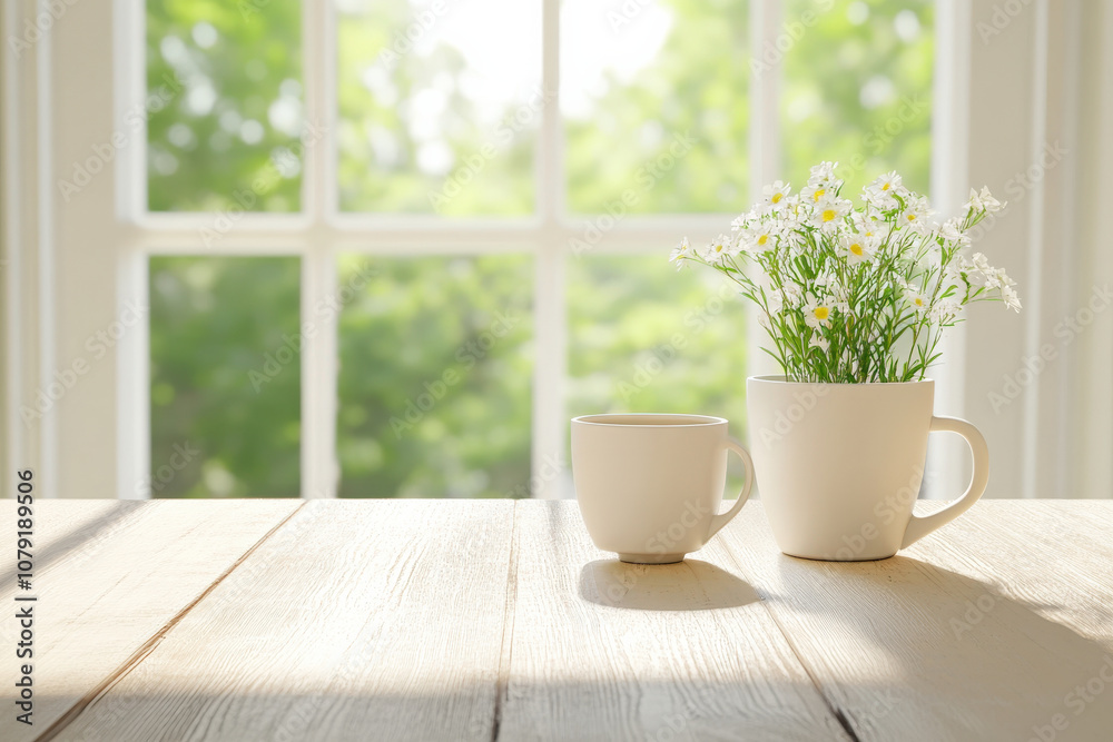 Bright and airy scene featuring white cups and flower pot on wooden table, with sunlight streaming through window, creating serene atmosphere Bright and airy scene featuring white cups and flower pot on wooden table, with sunlight streaming through window, creating serene atmosphere