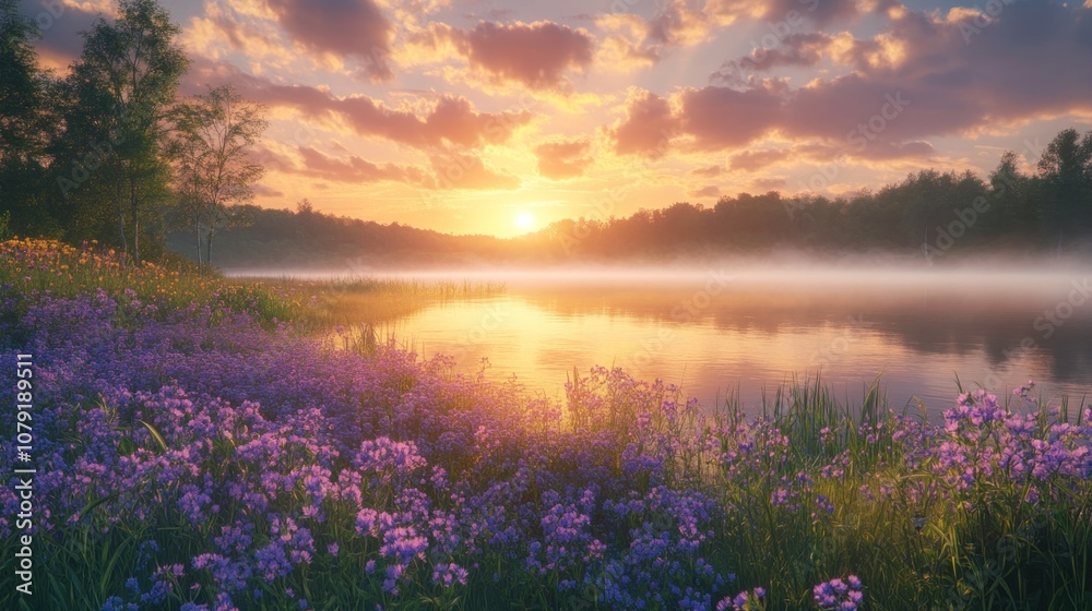 Obraz premium A Misty Sunrise Over a Still Lake with Purple Flowers