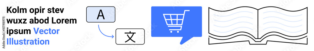 Translation icons, shopping cart in speech bubble, open book. Ideal for multilingual services, online retail, e-commerce, digital reading, translation tools, shopping apps, educational content Translation icons, shopping cart in speech bubble, open book. Ideal for multilingual services, online retail, e-commerce, digital reading, translation tools, shopping apps, educational content