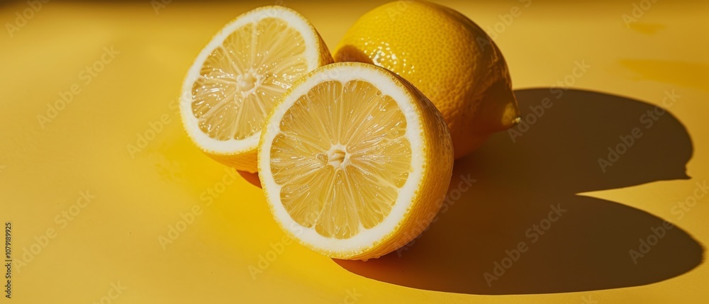 Juicy lemon sliced in half, set against a yellow backdrop, highlighting its vibrant texture bright Juicy lemon sliced in half, set against a yellow backdrop, highlighting its vibrant texture bright