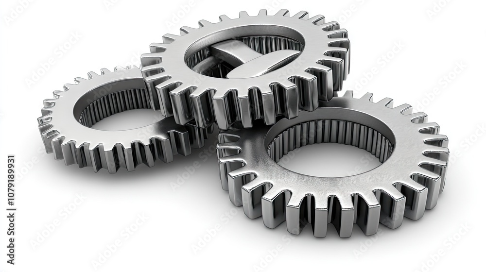 A Close-Up View of Three Interlocking Metallic Gears Mechanism Showcasing Precision Engineering and Mechanical Design Concepts for Industrial Applications A Close-Up View of Three Interlocking Metallic Gears Mechanism Showcasing Precision Engineering and Mechanical Design Concepts for Industrial Applications
