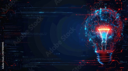 Abstract technological background with illuminated light bulb representing innovation and digital transformation with futuristic circuits and data flow elements