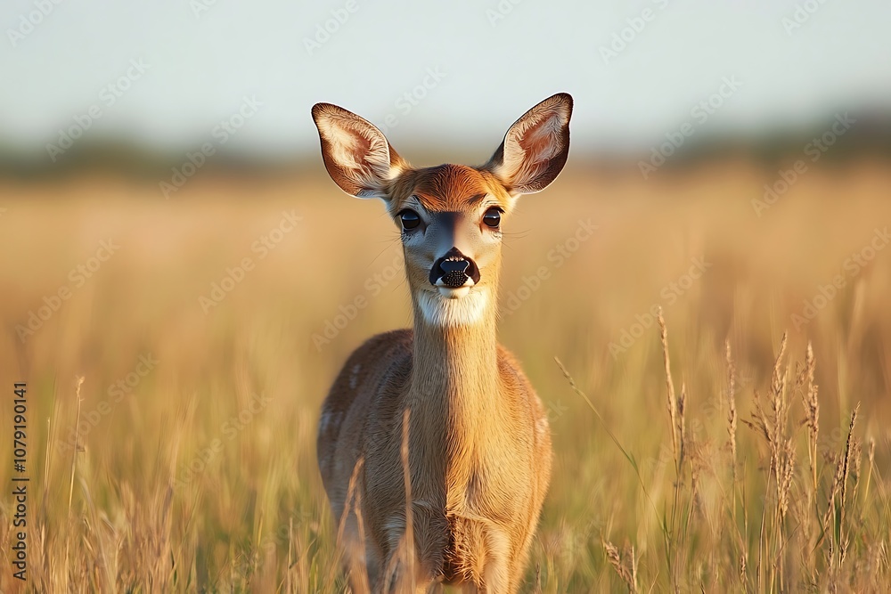 Young Fawn with Curious Eyes in Summer Grassland Young Fawn with Curious Eyes in Summer Grassland