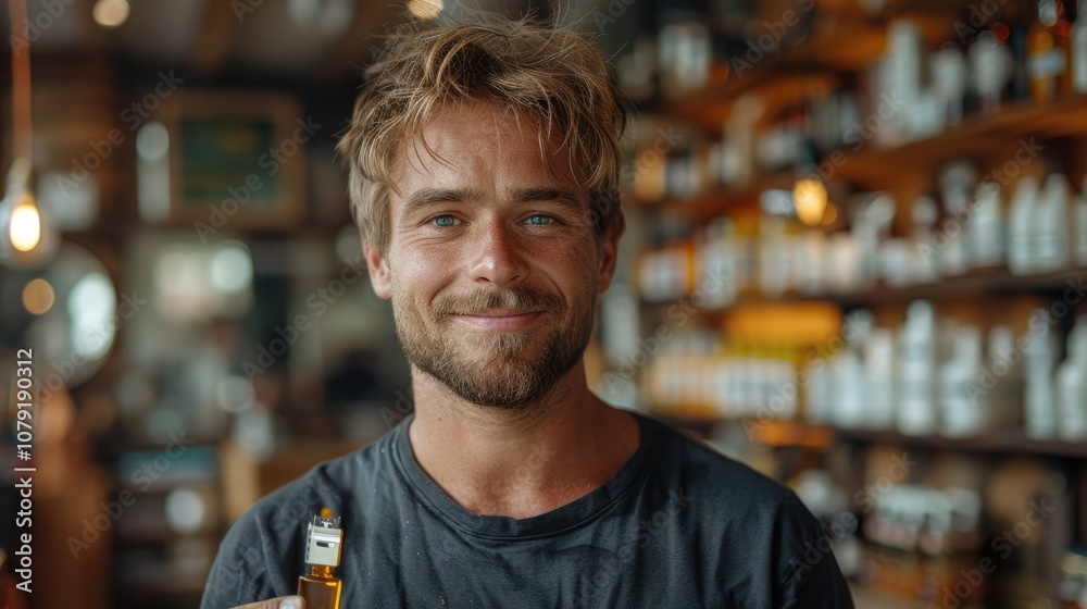 A smiling man with a beard and blue eyes stands in a store with shelves filled with bottles behind him. A smiling man with a beard and blue eyes stands in a store with shelves filled with bottles behind him.