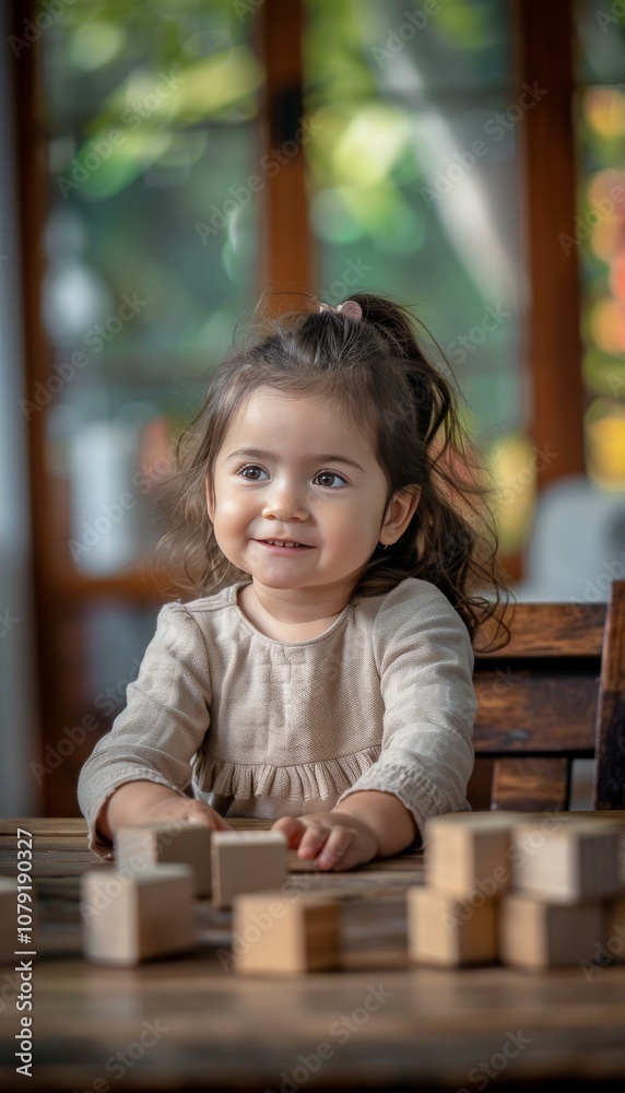 Little girl playing with wooden blocks on a table, exploring shapes and colors in a nurturing home