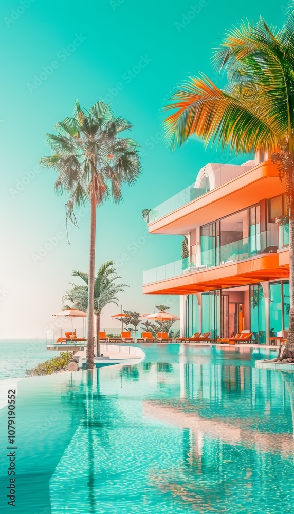 Obraz premium Luxurious tropical resort hotel with a vibrant swimming pool, offering a perfect summer