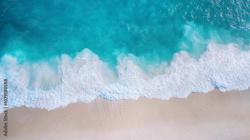 Aerial View of Pristine Beach with Turquoise Waves and White Sandy Shore Aerial View of Pristine Beach with Turquoise Waves and White Sandy Shore