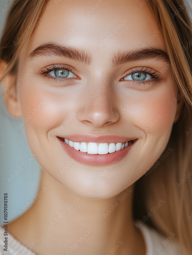 Close-up portrait of a smiling young woman with beautiful blue eyes