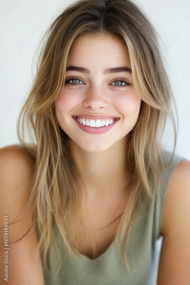 Young woman smiling warmly in natural light during daytime Young woman smiling warmly in natural light during daytime