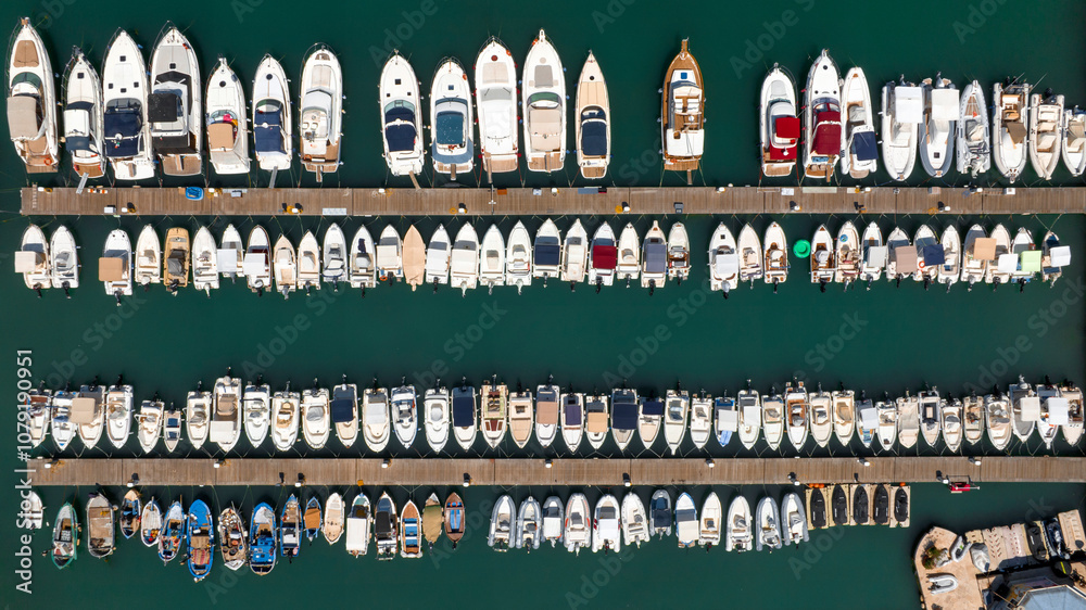 Aerial perpendicular view of boats anchored in a port. Aerial perpendicular view of boats anchored in a port.