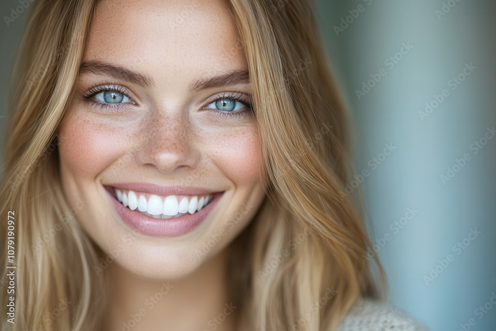 A joyful young woman with bright blue eyes and a radiant smile indoors A joyful young woman with bright blue eyes and a radiant smile indoors