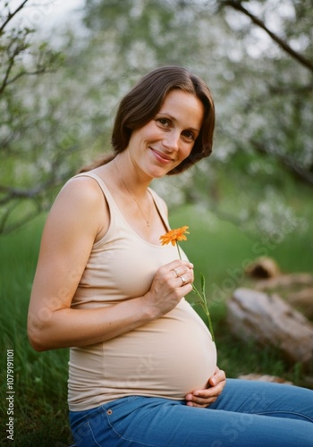 Pregnant woman smiling with flower in spring garden photo