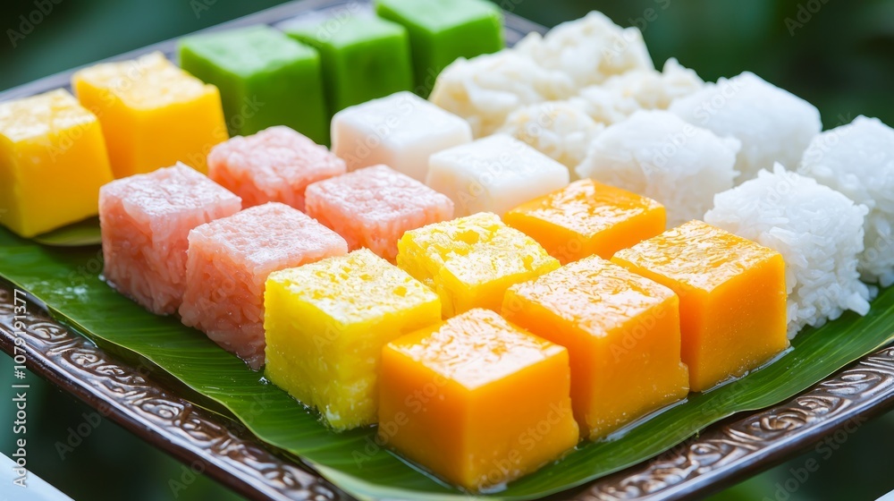 Vibrant Thai Dessert Platter Display with Mango Sticky Rice and Coconut Pudding for Visual Appeal Vibrant Thai Dessert Platter Display with Mango Sticky Rice and Coconut Pudding for Visual Appeal