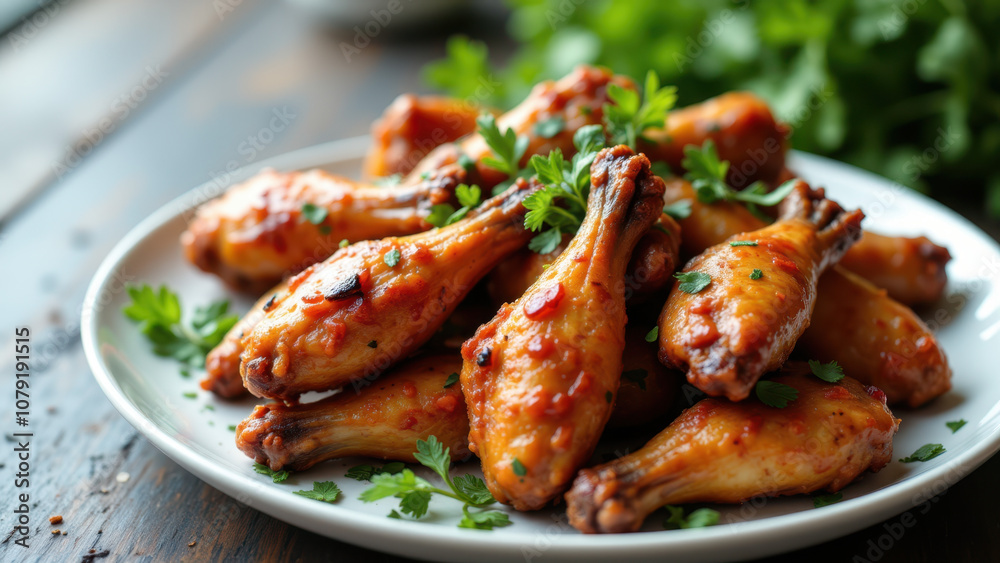 Crispy chicken wings with chili flakes on a plate, ready to eat. Crispy chicken wings with chili flakes on a plate, ready to eat.