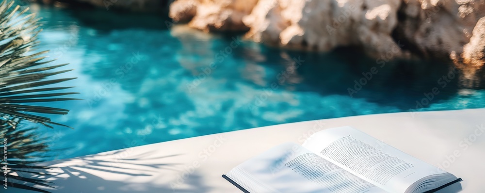 Fototapeta premium Open book by tranquil pool, summer vibes, relaxation, palm shado