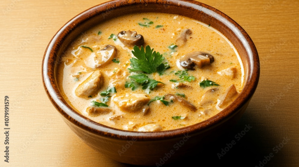 Heartwarming Thai Coconut Soup with Mushrooms and Chicken in Rustic Bowl - A Cozy Culinary Delight Heartwarming Thai Coconut Soup with Mushrooms and Chicken in Rustic Bowl - A Cozy Culinary Delight