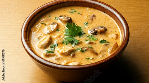 Heartwarming Thai Coconut Soup with Mushrooms and Chicken in Rustic Bowl - A Cozy Culinary Delight