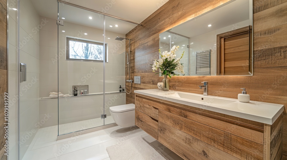 Modern Bathroom with Wooden Vanity and Glass Shower Enclosure Modern Bathroom with Wooden Vanity and Glass Shower Enclosure
