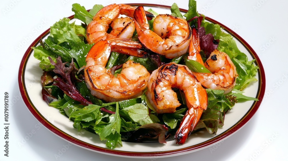 Vibrant Thai Salad with Grilled Shrimp on Decorative Plate - Exquisite Culinary Delight from Above