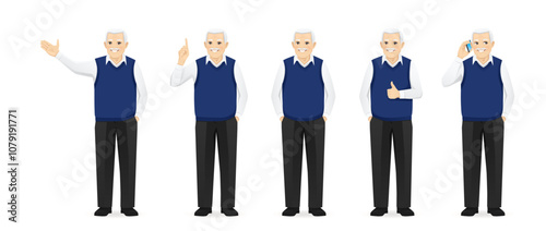 Handsome senior man in casual outfit with different gestures. Isolated vector illustration set