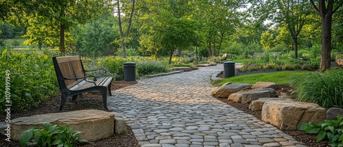 A stone path winds through a lush green park, leading to a wooden bench, with large rocks and trees lining the walkway.