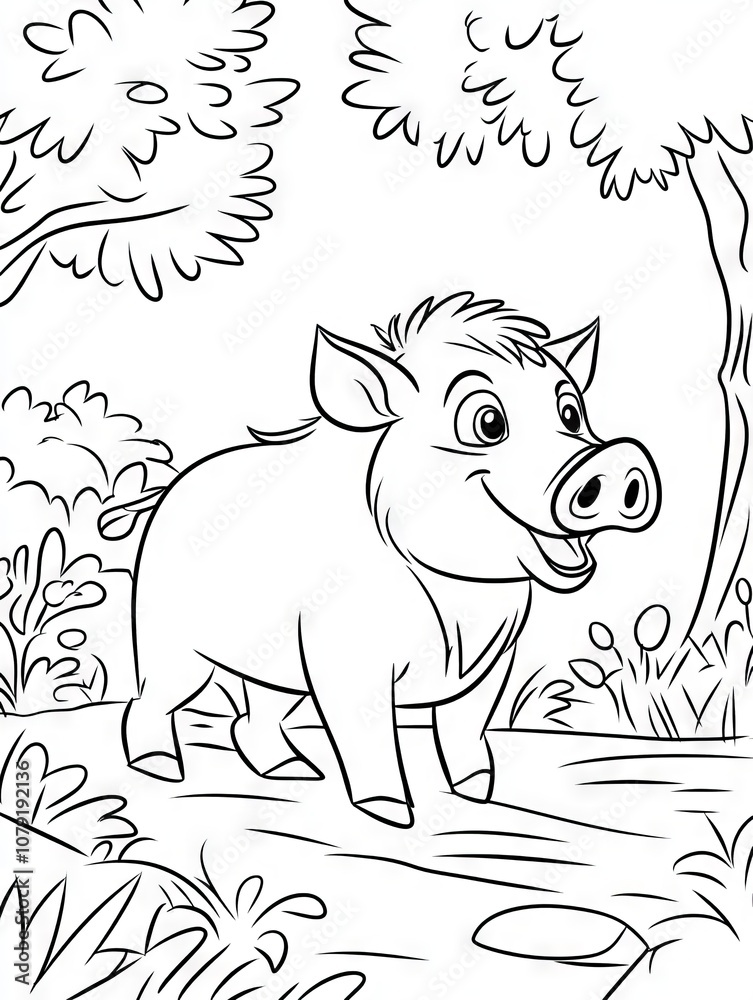 Obraz premium A cartoon pig in a forest coloring page