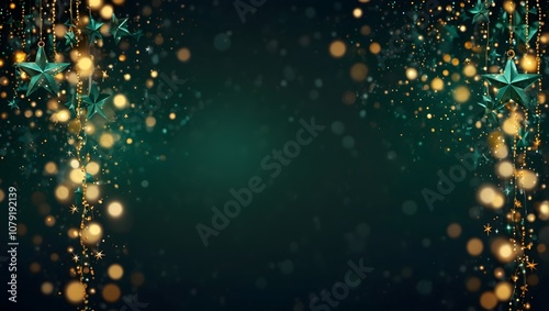 Dark teal background with gold string lights and star-shaped ornaments hanging down.

