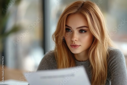 A young woman reads attentively in a cozy cafe during a sunny afternoon