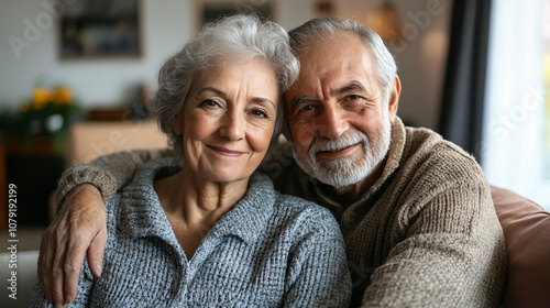 Elderly couple happily embracing on living room sofa, smiling at the camera