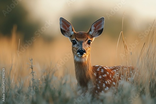 Young Spotted Fawn Gazing with Gentle Eyes in Summer Field