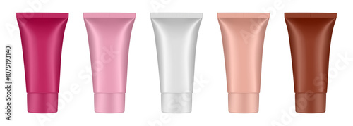 Set of cosmetic tubes. 3d mockup. Red, pink, white, beige and brown colors. Hand cream, mask or lotion. Professional shampoo