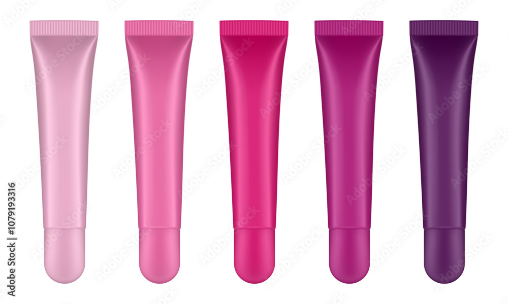 Set of lip gloss tubed. Lip, eye cream, serum. Cosmetic product container mockup. Pink, magenta, cherry and purple bottles with round cap
Set of lip gloss tubed. Lip, eye cream, serum. Cosmetic product container mockup. Pink, magenta, cherry and purple bottles with round cap