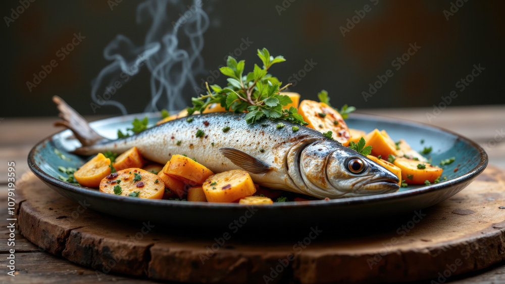 A plate of grilled fish on a wooden platter with a rustic setting. A plate of grilled fish on a wooden platter with a rustic setting.