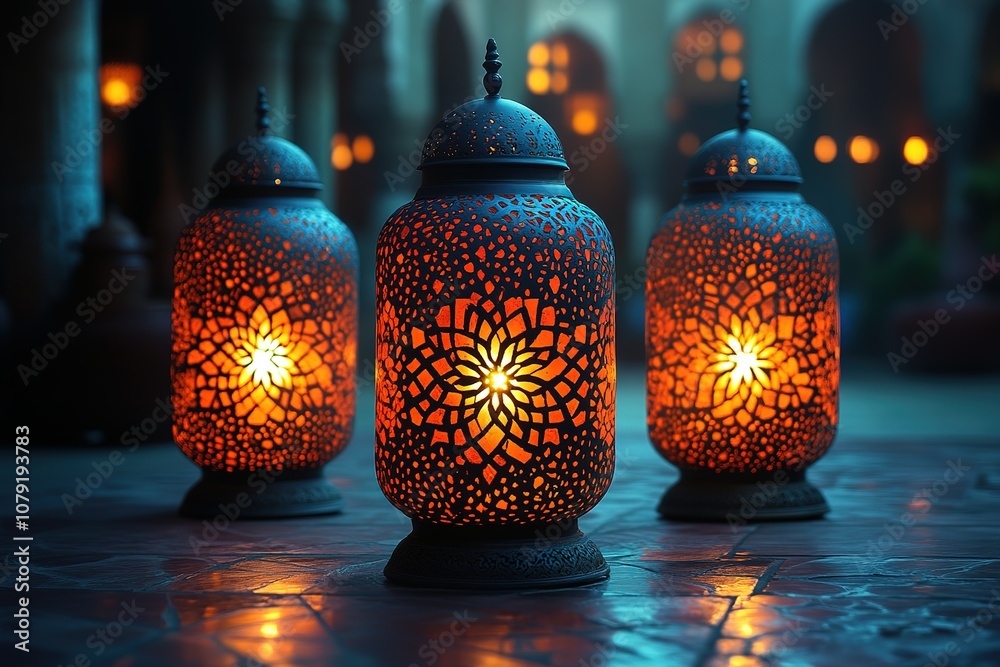 Three ornate lanterns cast a warm glow on a tiled surface, creating a cozy and inviting atmosphere. Three ornate lanterns cast a warm glow on a tiled surface, creating a cozy and inviting atmosphere.