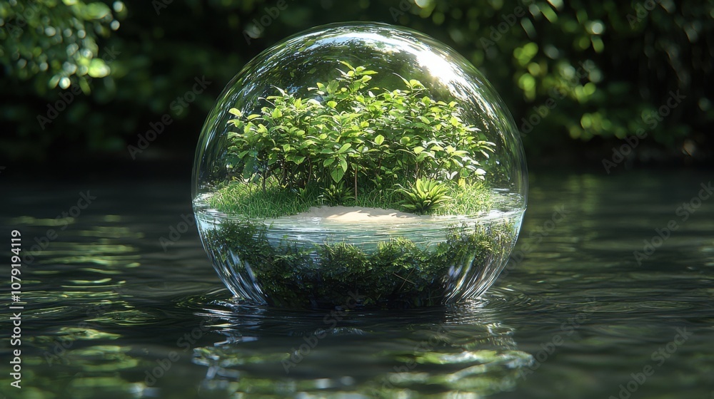 Miniature Ecosphere Glass Globe with Plants Floating on Water Miniature Ecosphere Glass Globe with Plants Floating on Water