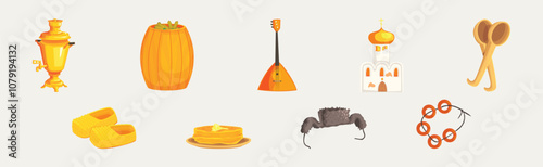 Russian Slavic Object and Famous Symbol Vector Illustration Set