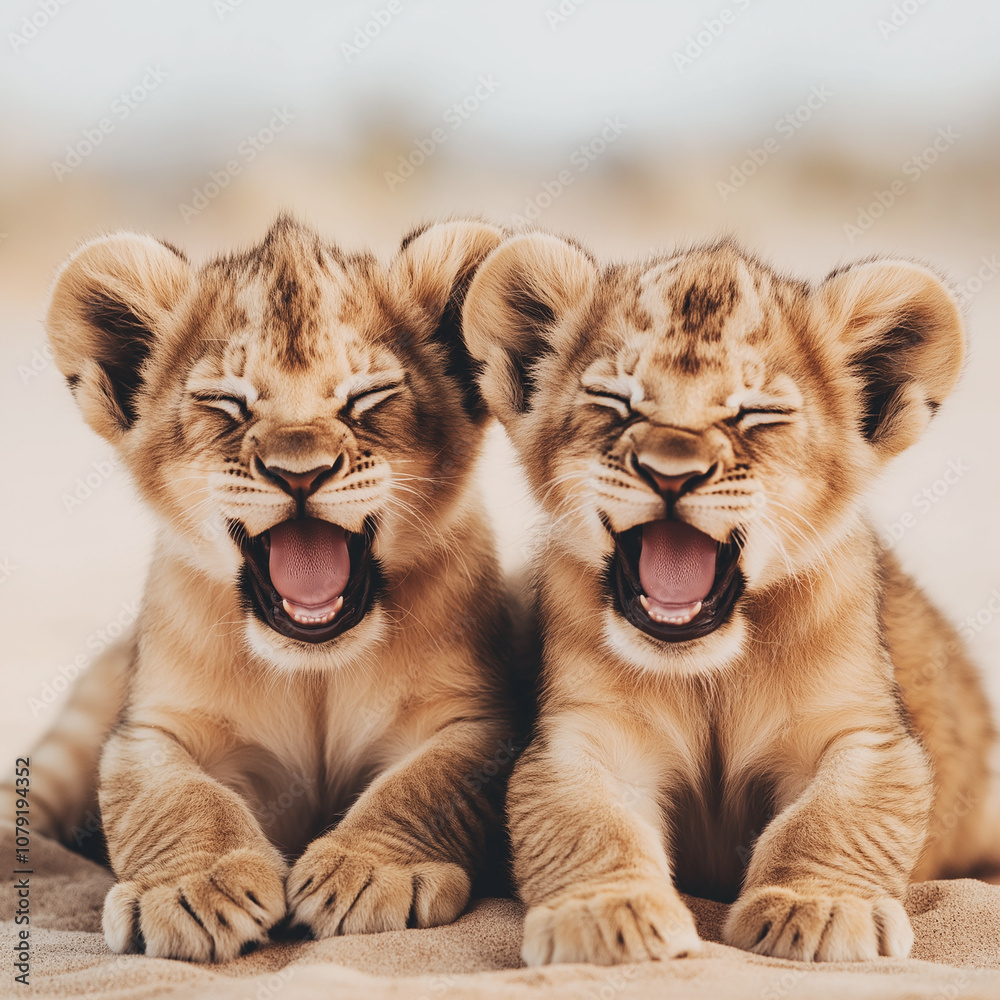 Obraz premium Two lion cubs with open mouths playfully roaring while sitting side by side on a sandy ground, representing playful innocence and wildlife themes.