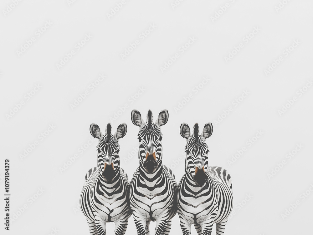 Fototapeta premium Three zebras lined up, each facing forward, with a clean and minimalist background, emphasizing pattern and nature in symmetry. Strong visual impact with black and white contrast.