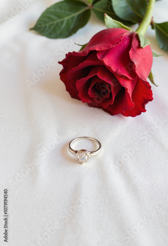 Engagement ring beside red rose on elegant fabric background photo
